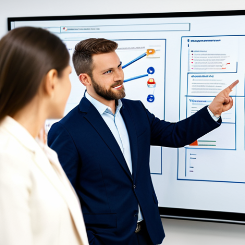 A professional male Business Analyst and a professional female Project Manager in a bright, modern, open-plan office. They are standing at a large interactive digital whiteboard, engaged in a collaborative discussion about a project roadmap. The Business Analyst points to a complex process flow diagram, while the Project Manager reviews a timeline displayed on the same screen, both demonstrating a unified focus. They are fully clothed in professional business suits, exuding an air of expertise and teamwork. The background features blurred office activity, suggesting a dynamic work environment. Perfect anatomy, correct proportions, natural pose, well-formed hands, proper finger count, natural body proportions. High-resolution, professional photography, natural lighting. safe for work, appropriate content, fully clothed, professional.