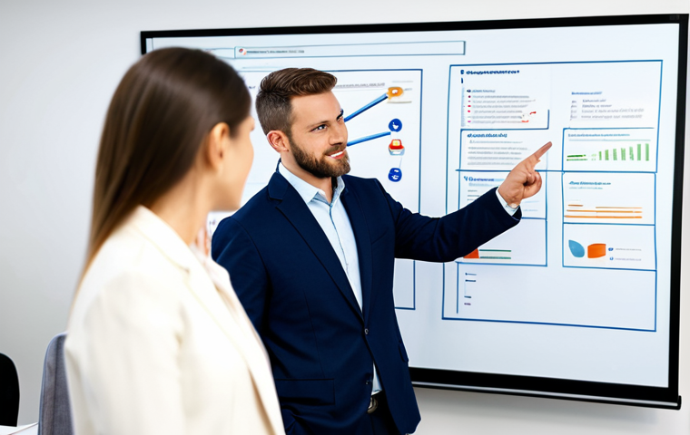 A professional male Business Analyst and a professional female Project Manager in a bright, modern, open-plan office. They are standing at a large interactive digital whiteboard, engaged in a collaborative discussion about a project roadmap. The Business Analyst points to a complex process flow diagram, while the Project Manager reviews a timeline displayed on the same screen, both demonstrating a unified focus. They are fully clothed in professional business suits, exuding an air of expertise and teamwork. The background features blurred office activity, suggesting a dynamic work environment. Perfect anatomy, correct proportions, natural pose, well-formed hands, proper finger count, natural body proportions. High-resolution, professional photography, natural lighting. safe for work, appropriate content, fully clothed, professional.