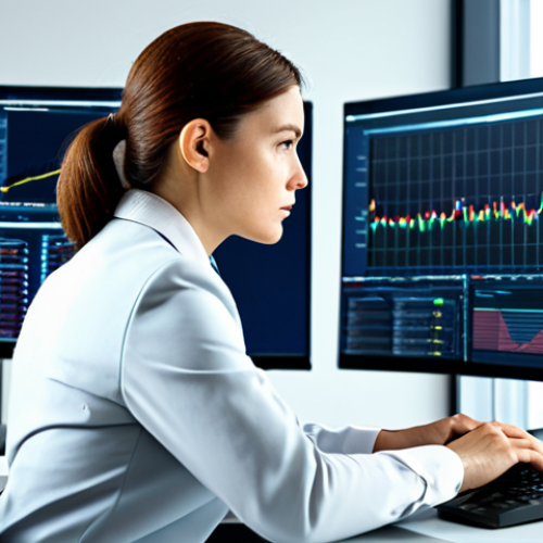 A focused female business analyst, in a modest business suit, intently examining complex data visualizations on multiple high-resolution monitors in a modern, clean data analysis workstation. The screens display professional charts, graphs, and dashboards, reflecting data quality and insights. The background shows a bright, organized office environment with natural light. The subject is fully clothed, appropriate attire, safe for work, perfect anatomy, correct proportions, natural pose, well-formed hands, proper finger count, natural body proportions, professional photography, high quality.