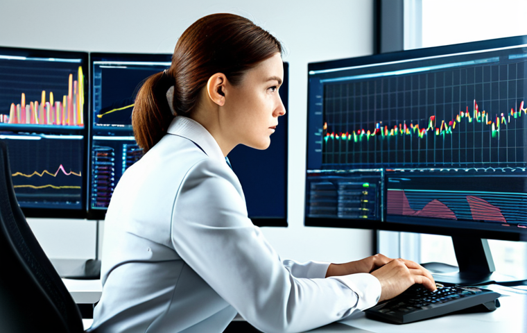 A focused female business analyst, in a modest business suit, intently examining complex data visualizations on multiple high-resolution monitors in a modern, clean data analysis workstation. The screens display professional charts, graphs, and dashboards, reflecting data quality and insights. The background shows a bright, organized office environment with natural light. The subject is fully clothed, appropriate attire, safe for work, perfect anatomy, correct proportions, natural pose, well-formed hands, proper finger count, natural body proportions, professional photography, high quality.
