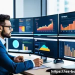 비즈니스 애널리스트 실무 팁 - A professional business analyst in a modern office environment, surrounded by multiple computer scre...