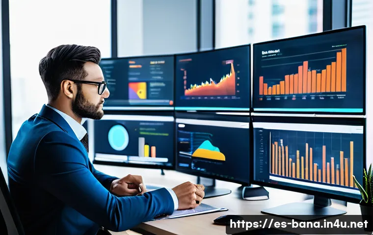 비즈니스 애널리스트 실무 팁 - A professional business analyst in a modern office environment, surrounded by multiple computer scre...