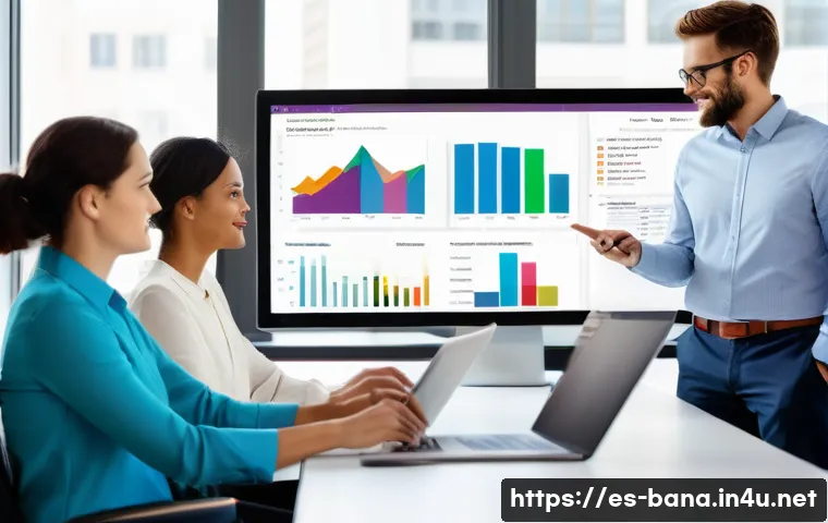 비즈니스 애널리스트 직무 개선 - A modern office setting with a diverse group of professionals collaborating around a large digital t...