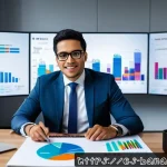 비즈니스 애널리스트 실무 훈련 - A modern business analyst workspace featuring a Hispanic professional in business casual attire, sit...